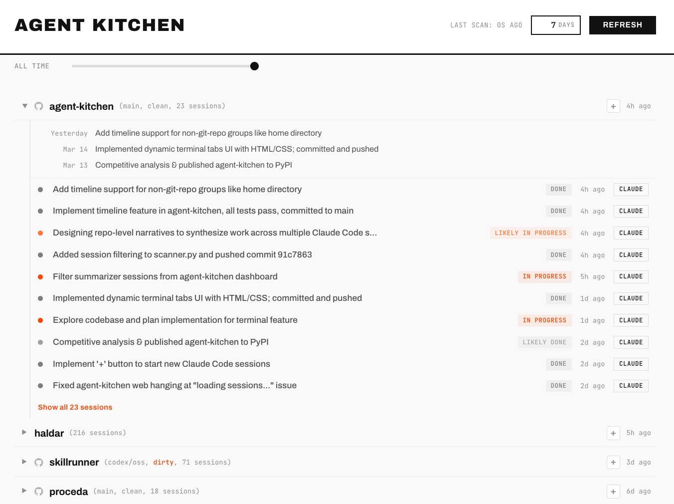 Agent Kitchen dashboard showing grouped sessions with git status, AI summaries, and timelines